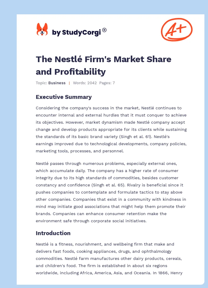 The Nestlé Firm's Market Share and Profitability. Page 1