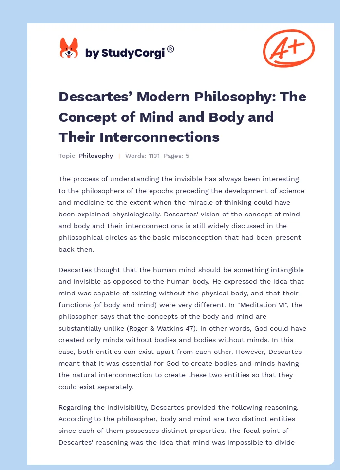 Descartes’ Modern Philosophy: The Concept of Mind and Body and Their Interconnections. Page 1