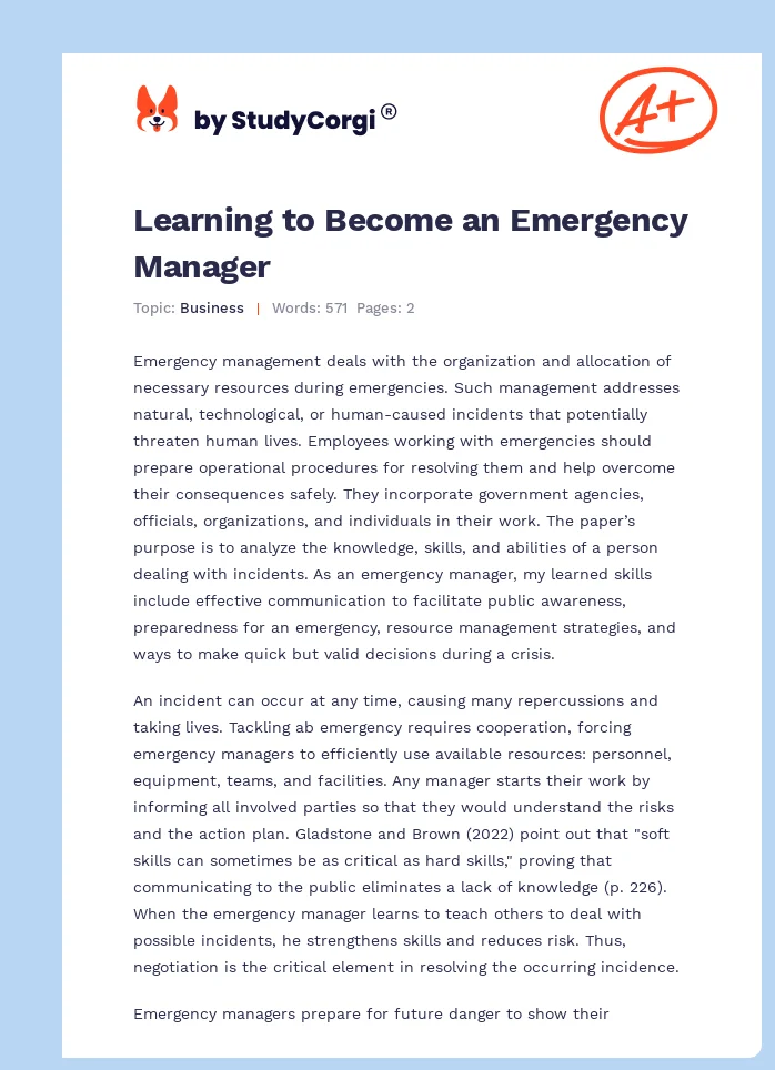 Learning to Become an Emergency Manager. Page 1