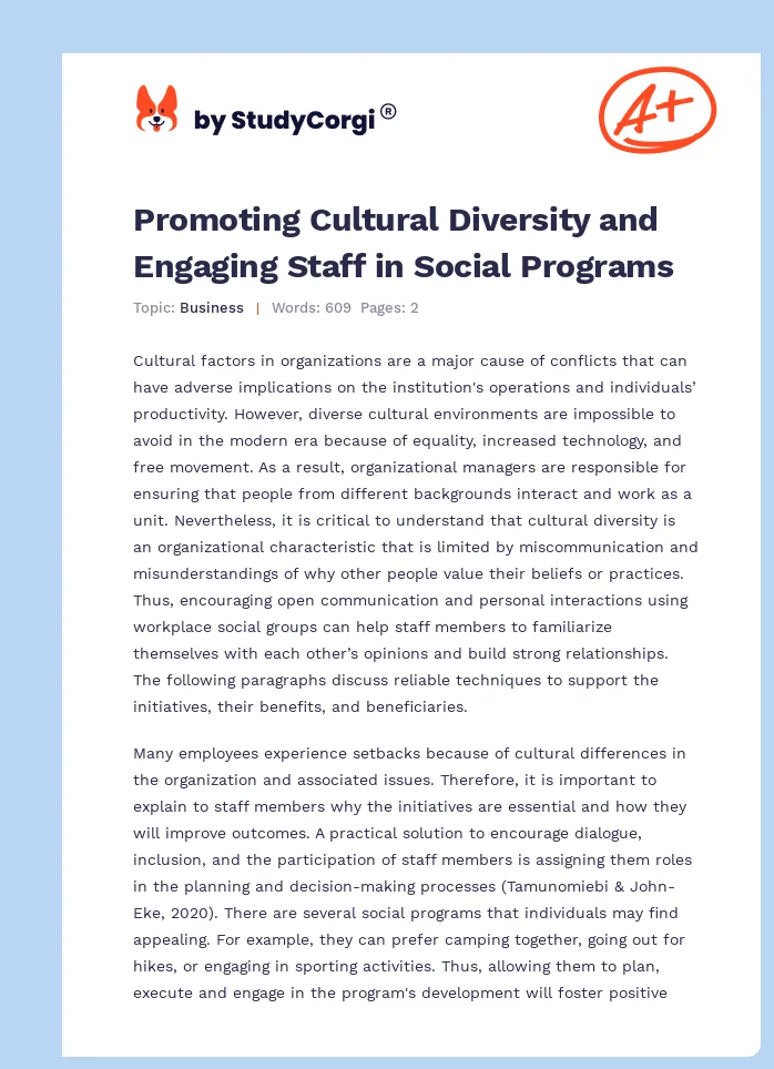 Promoting Cultural Diversity and Engaging Staff in Social Programs. Page 1