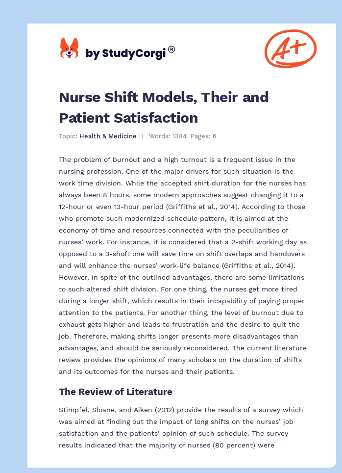 Nurse Shift Models, Their and Patient Satisfaction. Page 1