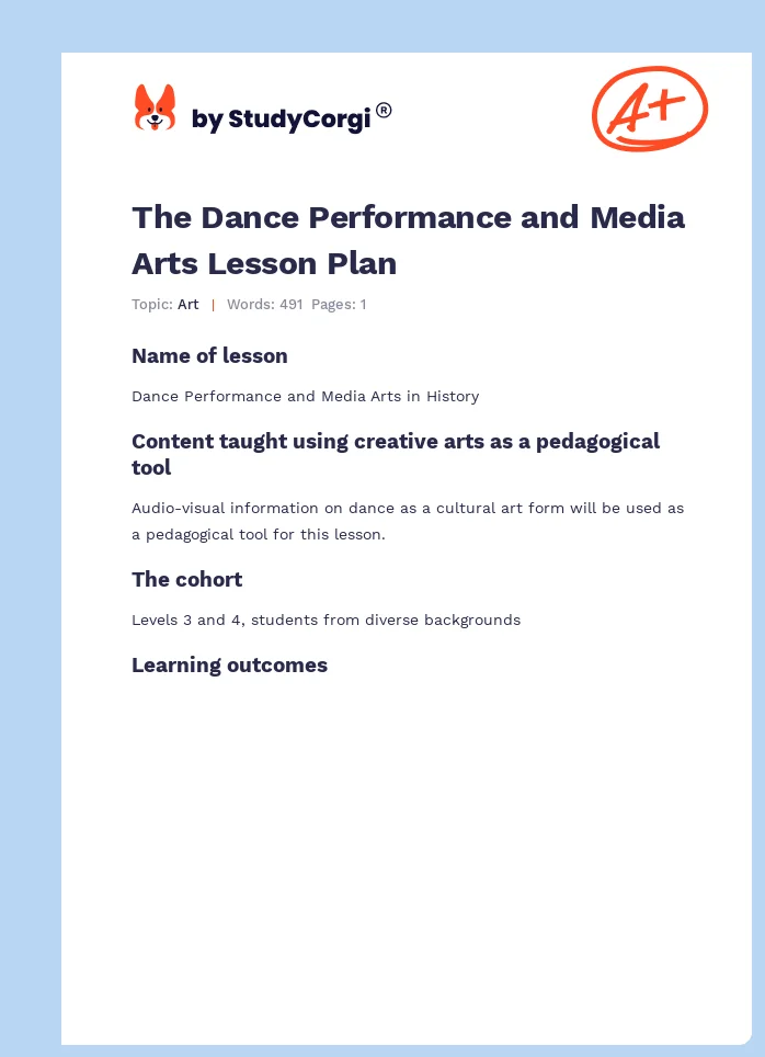 The Dance Performance and Media Arts Lesson Plan. Page 1