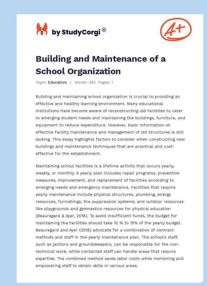 Building and Maintenance of a School Organization. Page 1