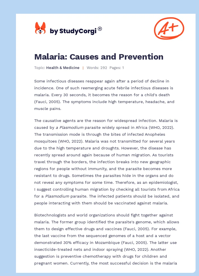Malaria: Causes and Prevention. Page 1