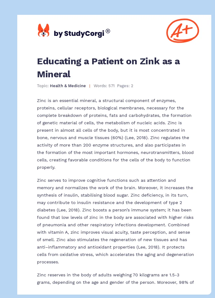 Educating a Patient on Zink as a Mineral. Page 1