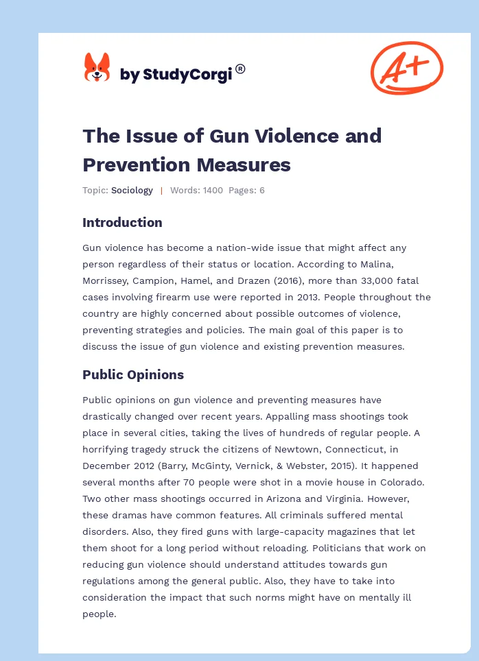 The Issue of Gun Violence  and Prevention Measures. Page 1