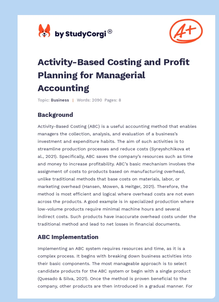 Activity-Based Costing and Profit Planning for Managerial Accounting. Page 1