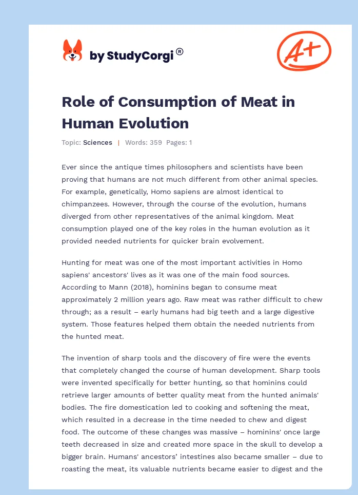 Role of Consumption of Meat in Human Evolution. Page 1