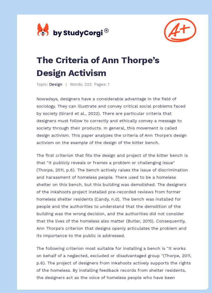 The Criteria of Ann Thorpe’s Design Activism. Page 1