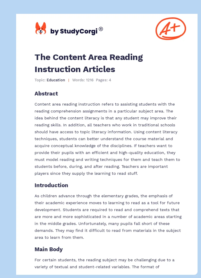 The Content Area Reading Instruction Articles. Page 1
