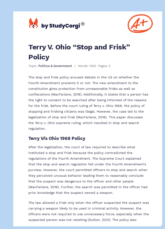 Terry V. Ohio “Stop and Frisk” Policy. Page 1