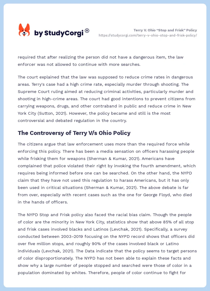 Terry V. Ohio “Stop and Frisk” Policy. Page 2