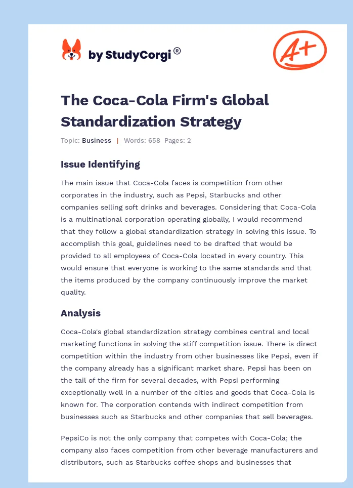 The Coca-Cola Firm's Global Standardization Strategy. Page 1