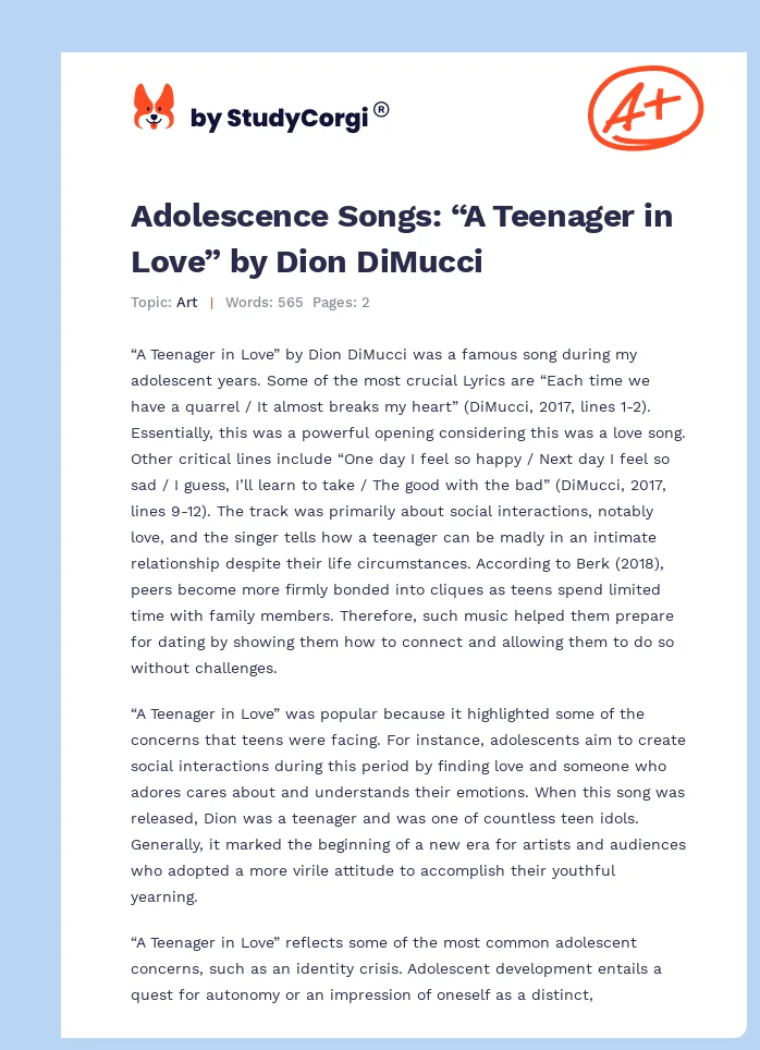 Adolescence Songs: “A Teenager in Love” by Dion DiMucci. Page 1