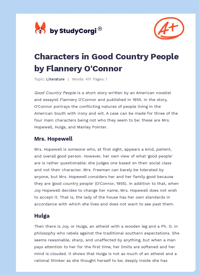 Characters in Good Country People by Flannery O'Connor. Page 1
