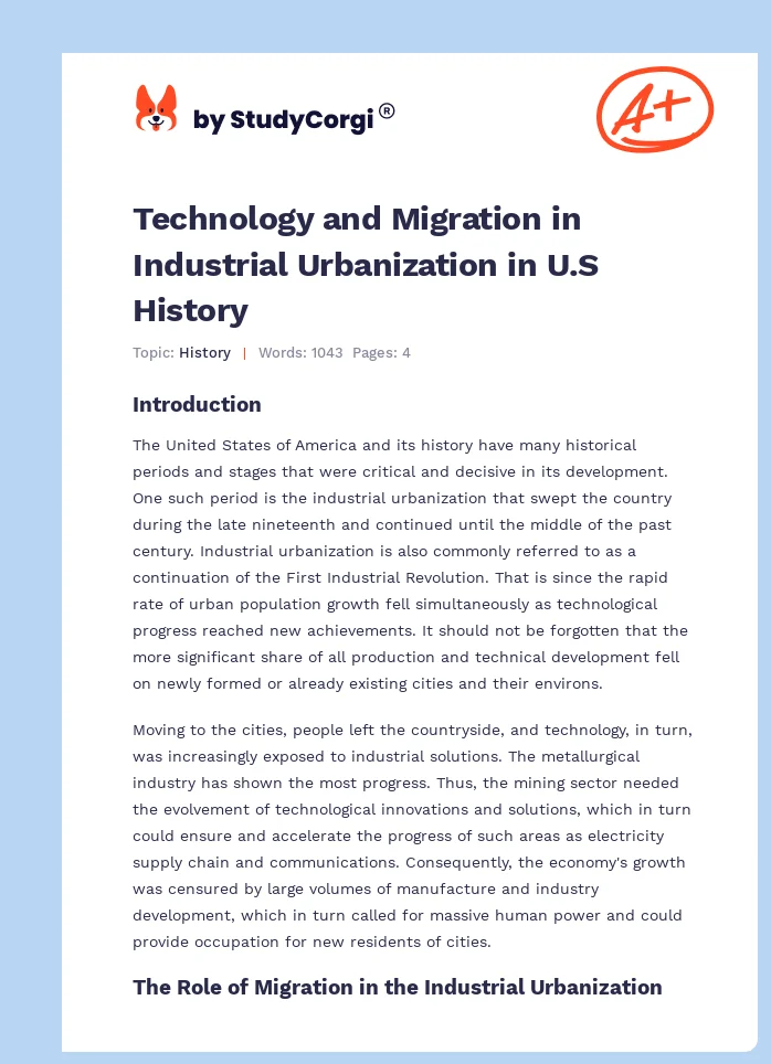 Technology and Migration in Industrial Urbanization in U.S History. Page 1