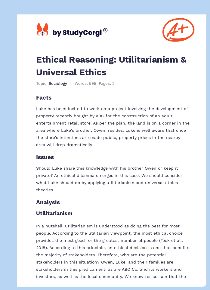 Ethical Reasoning: Utilitarianism & Universal Ethics. Page 1