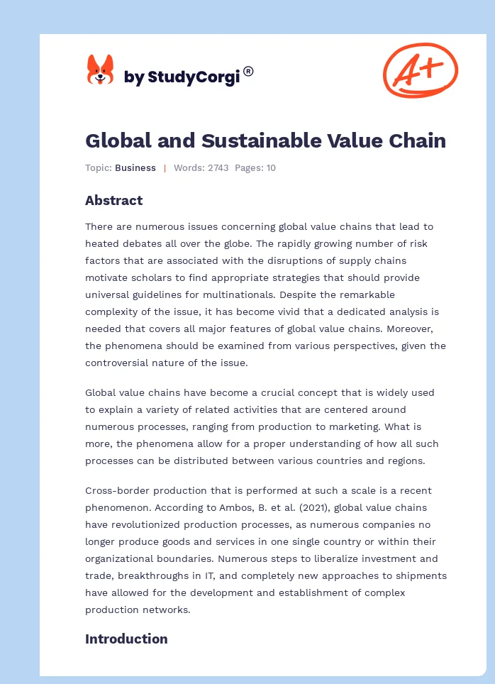 Global and Sustainable Value Chain. Page 1