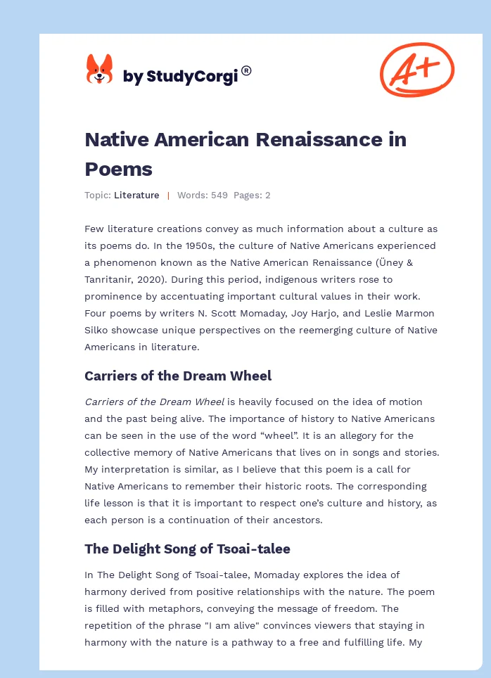 Native American Renaissance in Poems | Free Essay Example