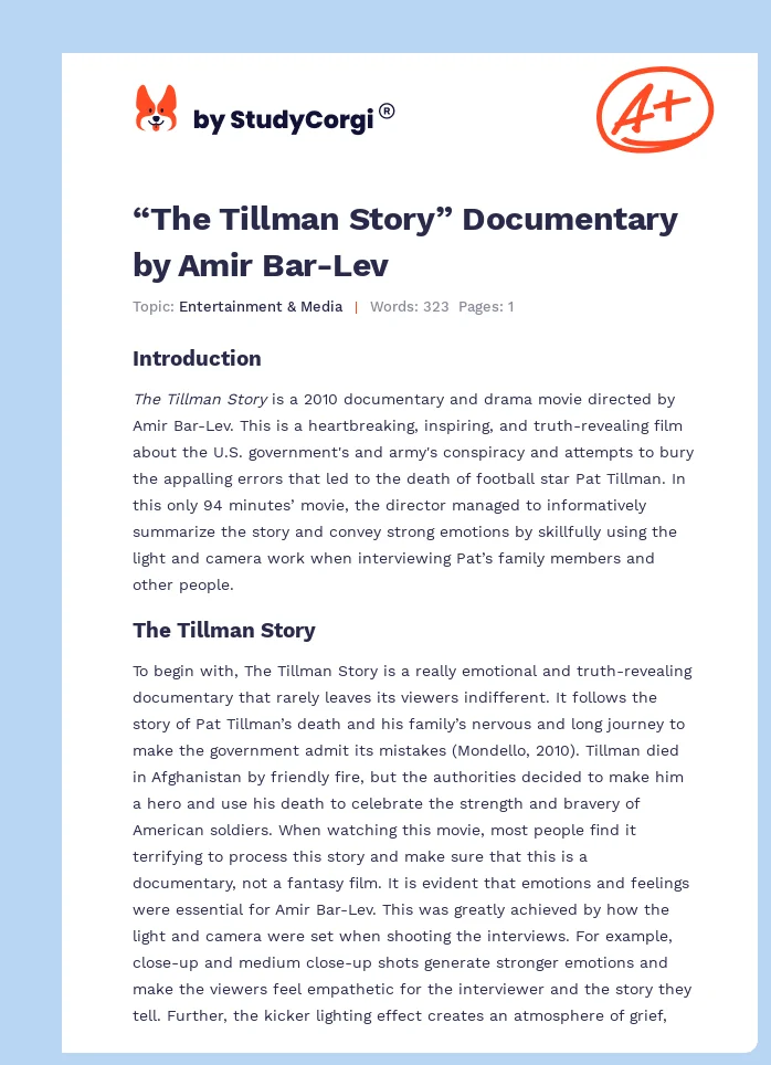 “The Tillman Story” Documentary by Amir Bar-Lev. Page 1