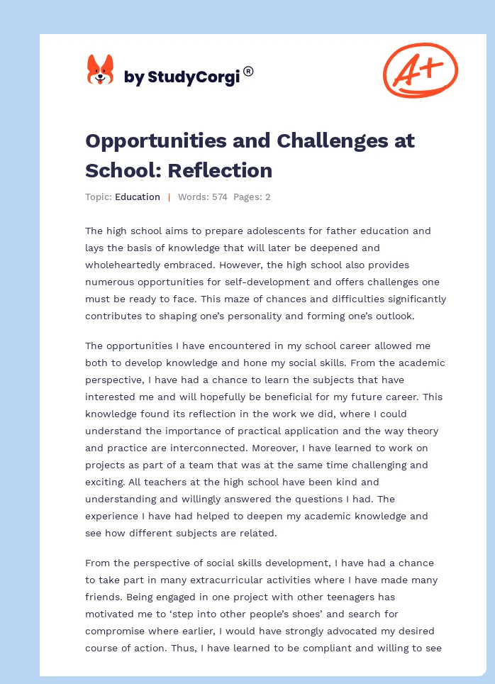 Opportunities and Challenges at School: Reflection. Page 1