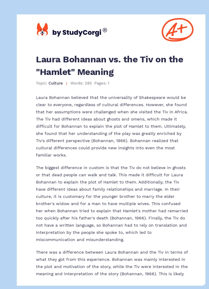 Laura Bohannan vs. the Tiv on the "Hamlet" Meaning. Page 1