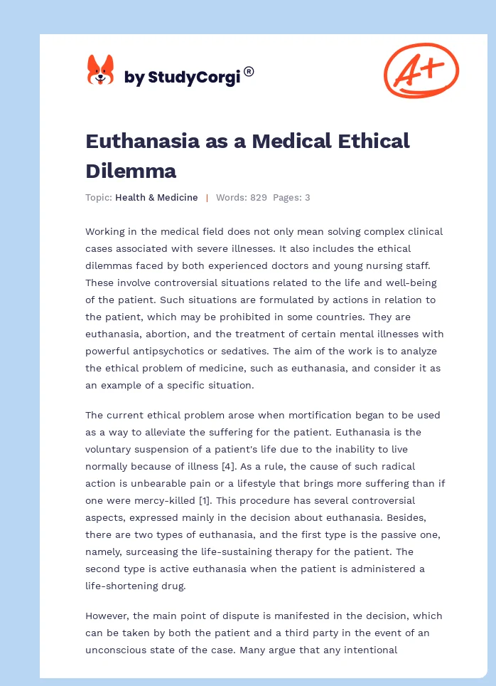 Euthanasia as a Medical Ethical Dilemma. Page 1