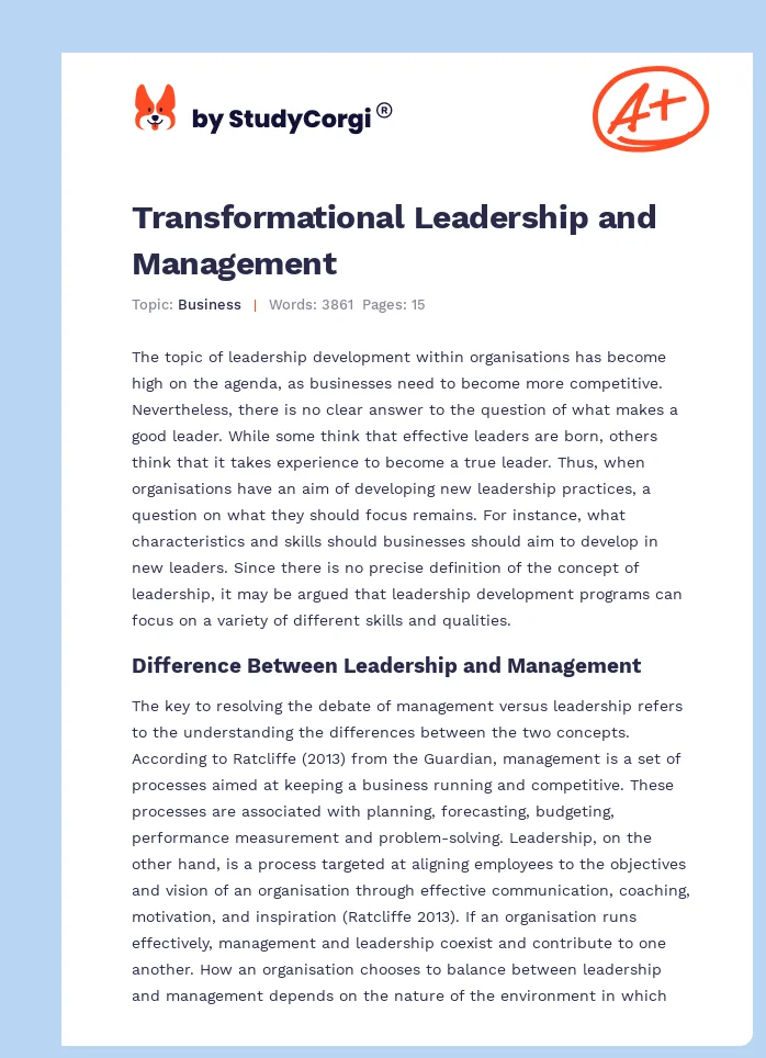 Transformational Leadership and Management. Page 1