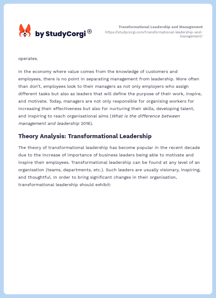 Transformational Leadership and Management. Page 2