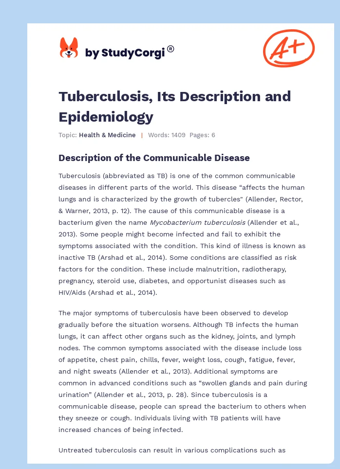 Tuberculosis, Its Description and Epidemiology. Page 1