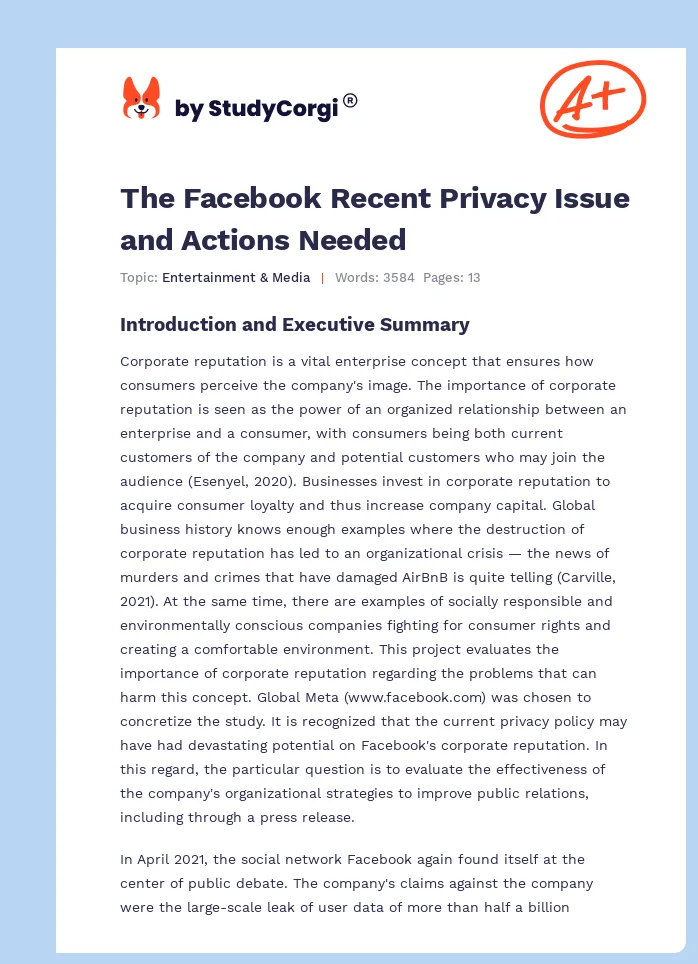 The Facebook Recent Privacy Issue and Actions Needed. Page 1