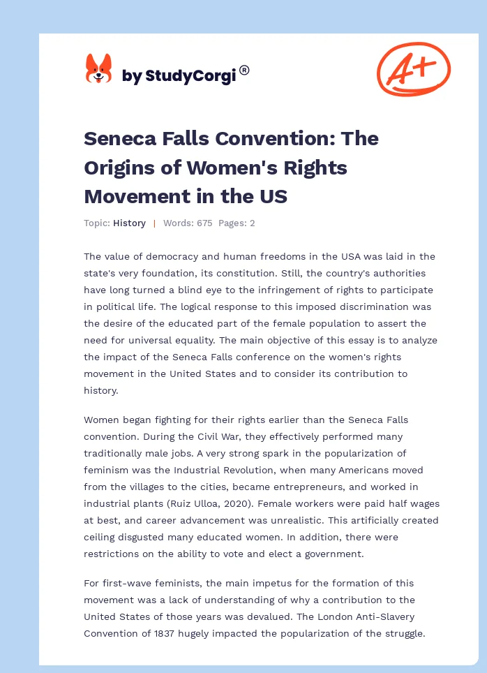 Seneca Falls Convention: The Origins of Women's Rights Movement in the US. Page 1