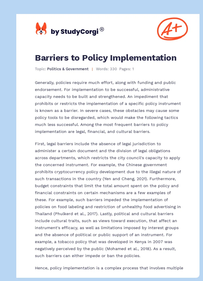 Barriers to Policy Implementation. Page 1