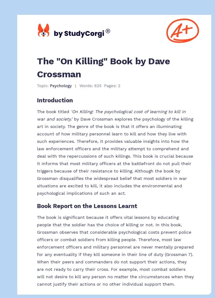 The "On Killing" Book by Dave Crossman. Page 1