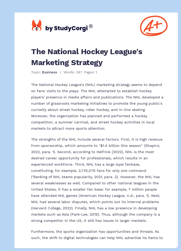 The National Hockey League's Marketing Strategy. Page 1