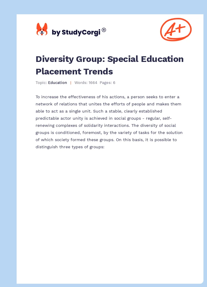 Diversity Group: Special Education Placement Trends. Page 1