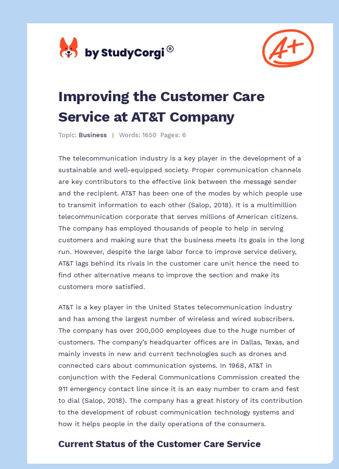 Improving the Customer Care Service at AT&T Company. Page 1