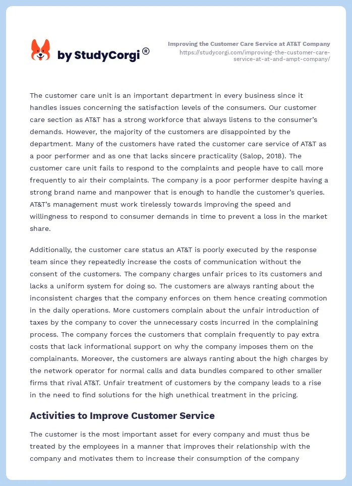 Improving the Customer Care Service at AT&T Company. Page 2