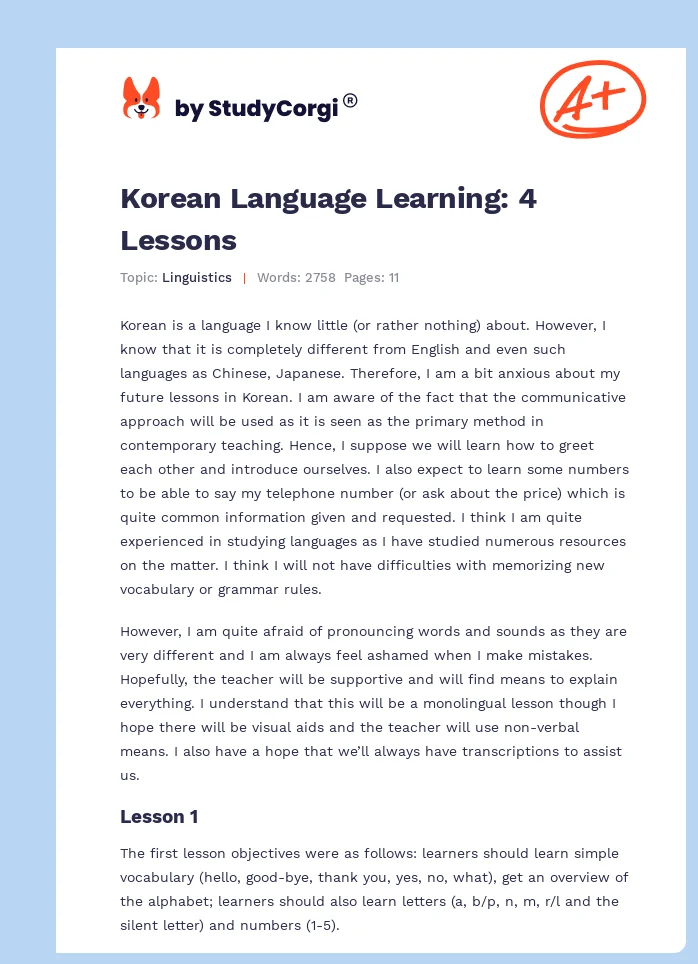 Korean Language Learning: 4 Lessons. Page 1