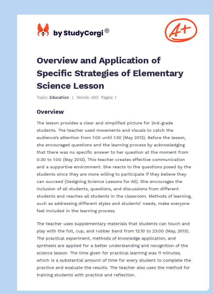 Overview and Application of Specific Strategies of Elementary Science Lesson. Page 1