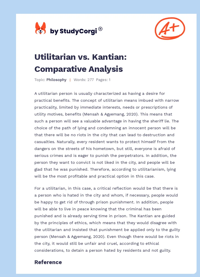 Utilitarian vs. Kantian: Comparative Analysis. Page 1