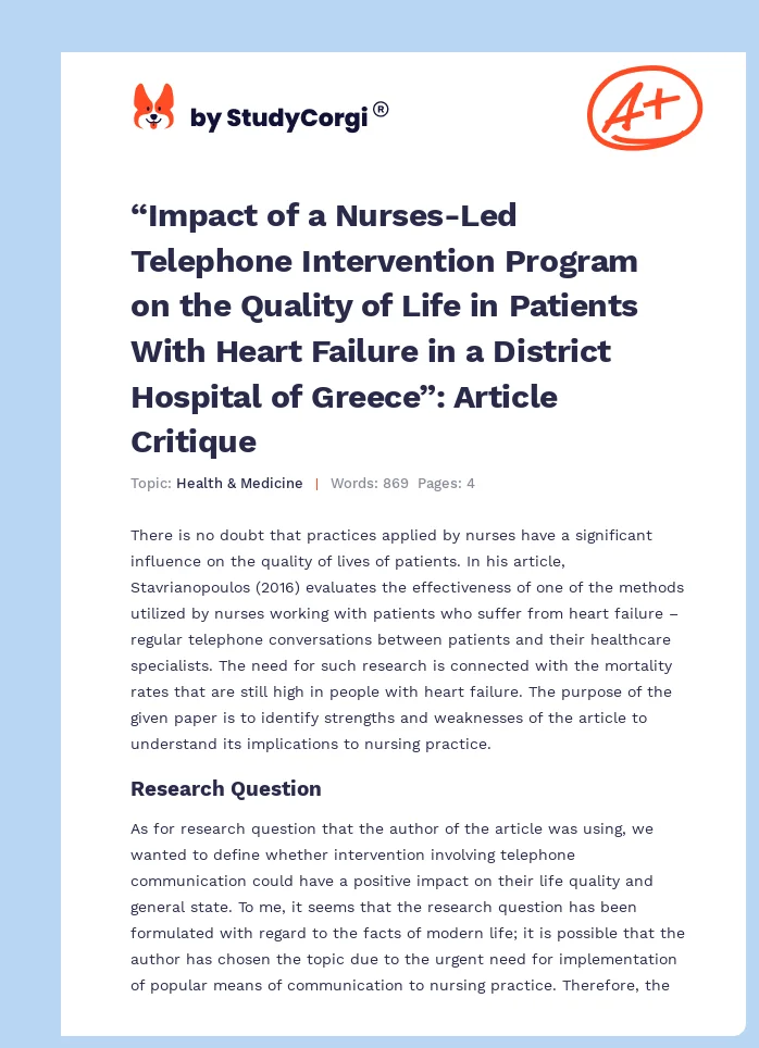 “Impact of a Nurses-Led Telephone Intervention Program on the Quality of Life in Patients With Heart Failure in a District Hospital of Greece”: Article Critique. Page 1