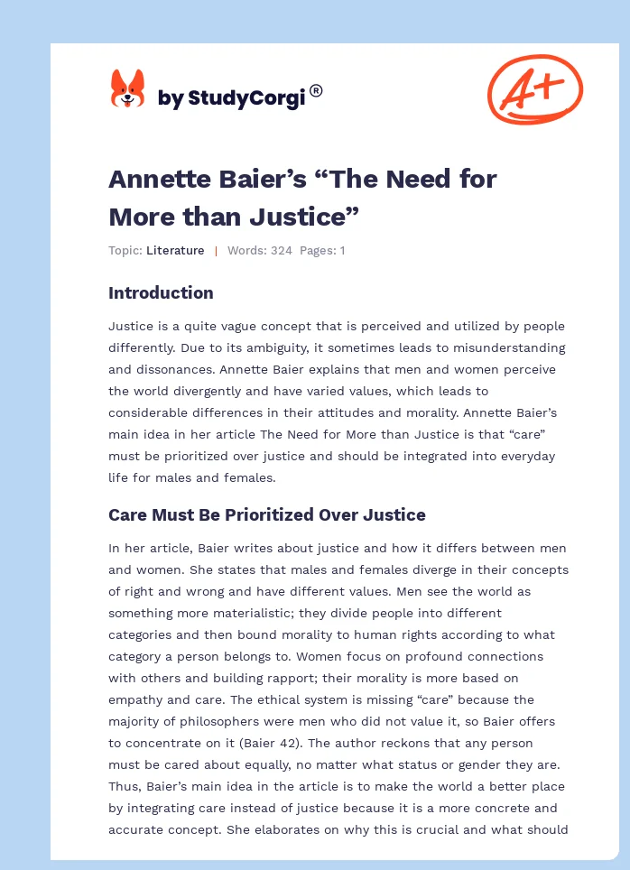 Annette Baier’s “The Need for More than Justice”. Page 1