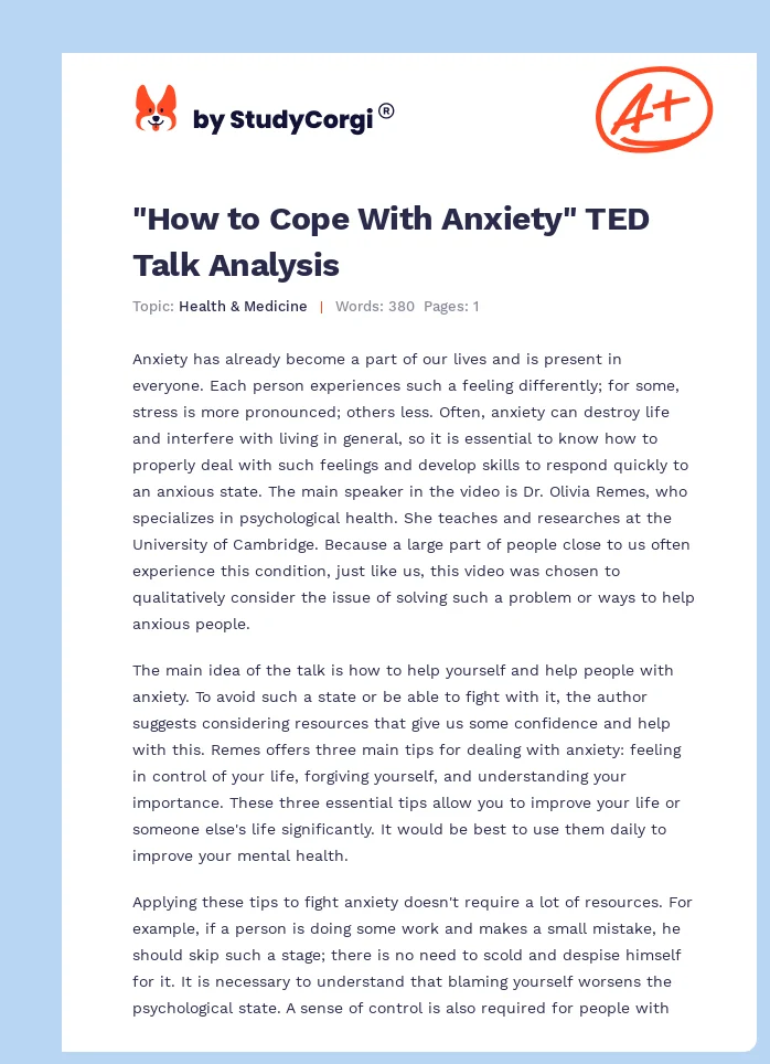 "How to Cope With Anxiety" TED Talk Analysis. Page 1