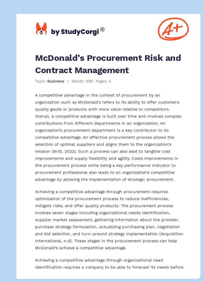 McDonald’s Procurement Risk and Contract Management. Page 1
