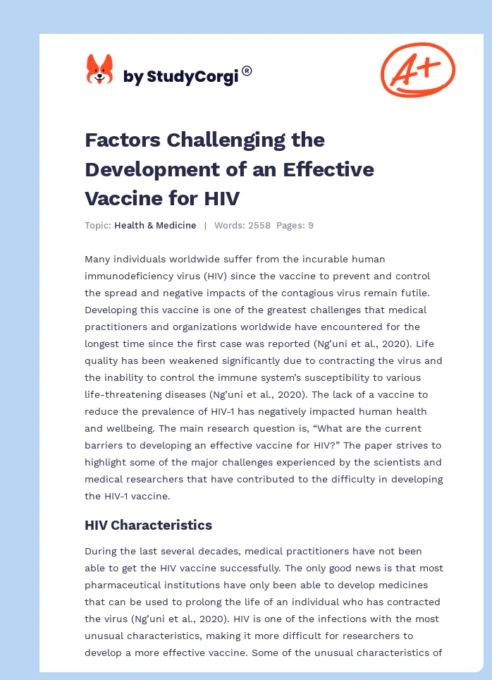Factors Challenging the Development of an Effective Vaccine for HIV. Page 1
