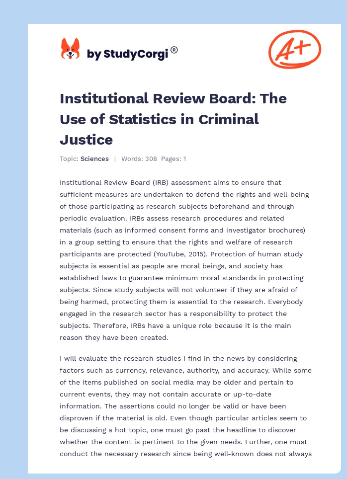Institutional Review Board: The Use of Statistics in Criminal Justice. Page 1