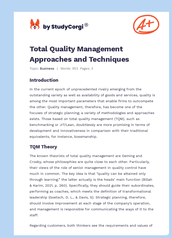 Total Quality Management Approaches and Techniques. Page 1