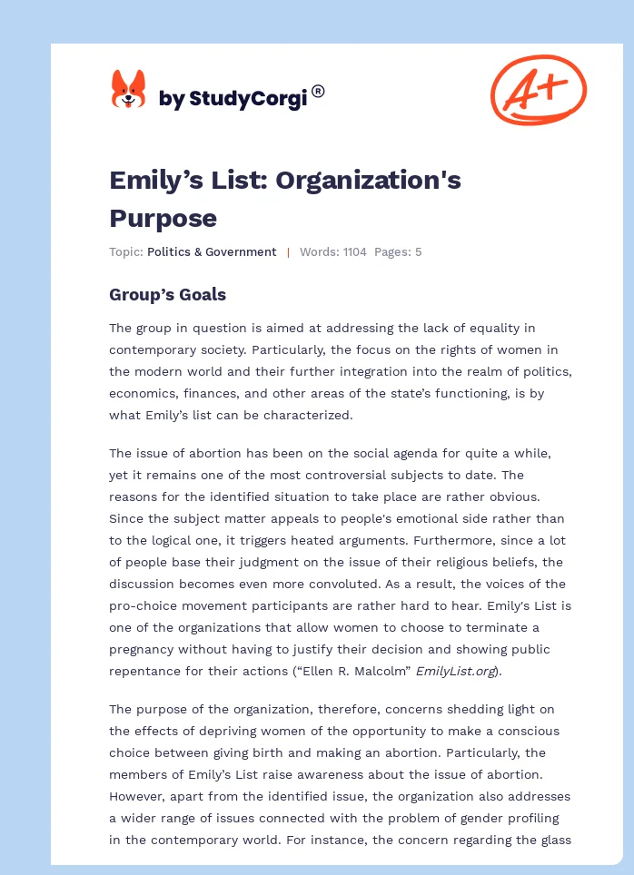 Emily’s List: Organization's Purpose. Page 1