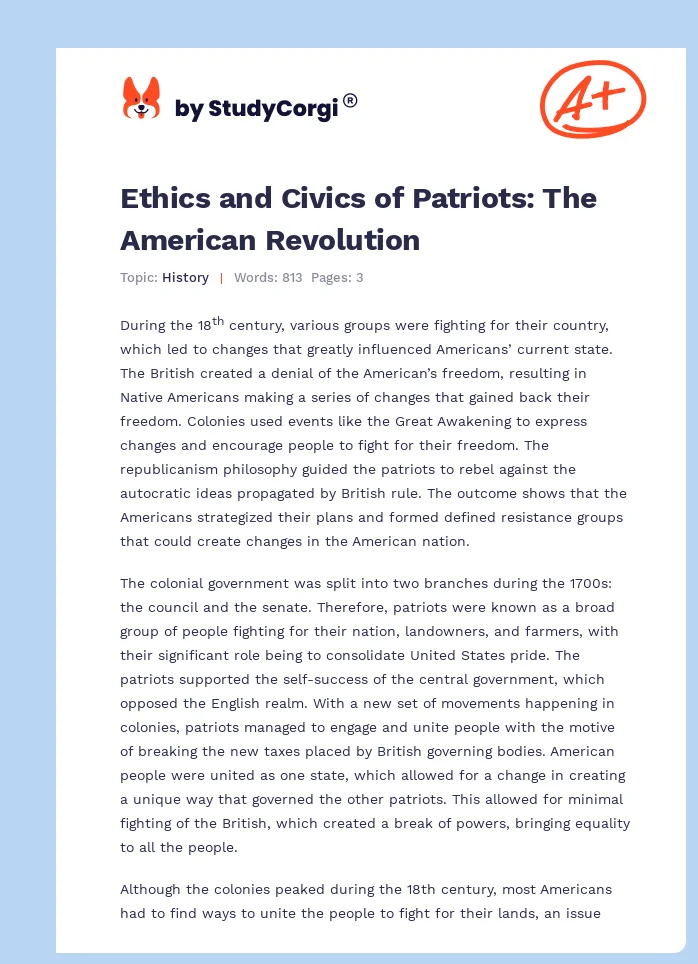 Ethics and Civics of Patriots: The American Revolution. Page 1